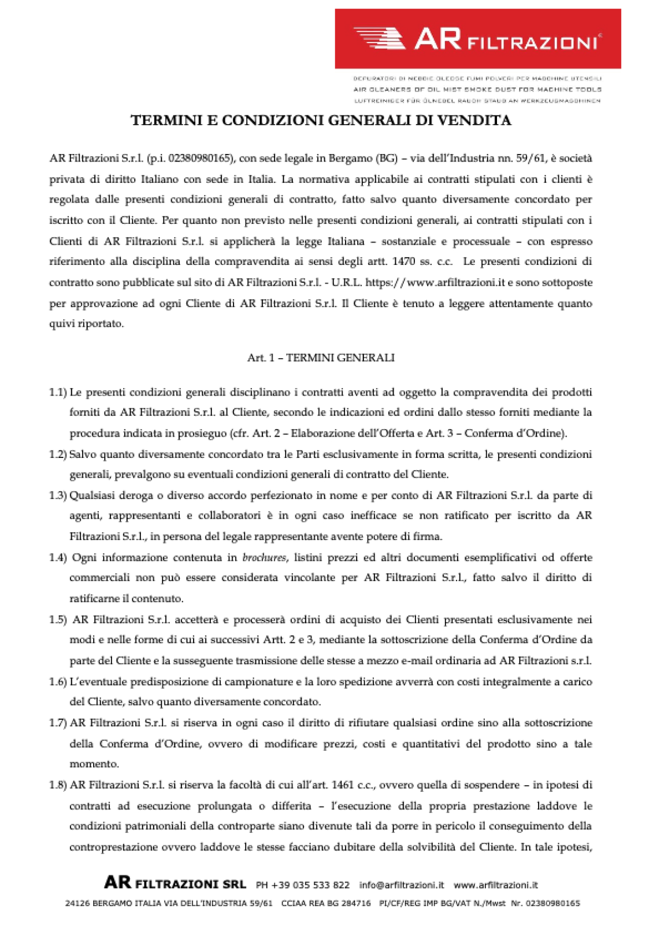 Politica Qualità AR Filtrazioni 